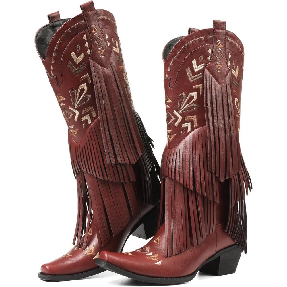 Women's Red Cowgirl Boots Knee High Fringe Pull On Comfortable Chunky Heel